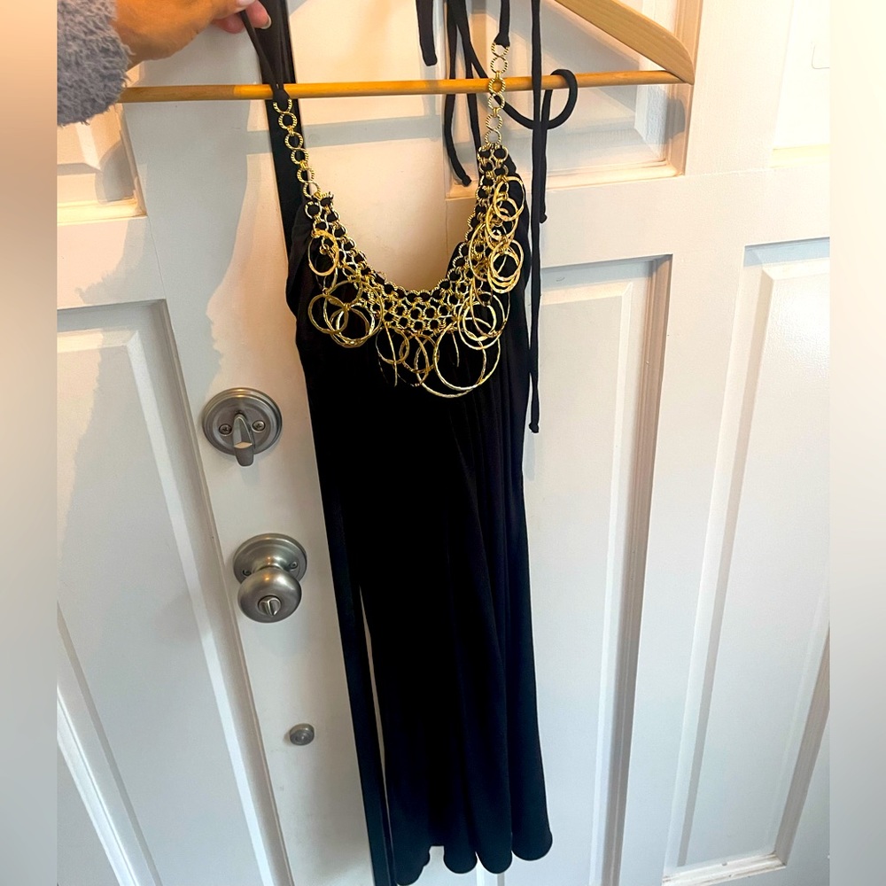 SKY Black jersey dress with gold neckline